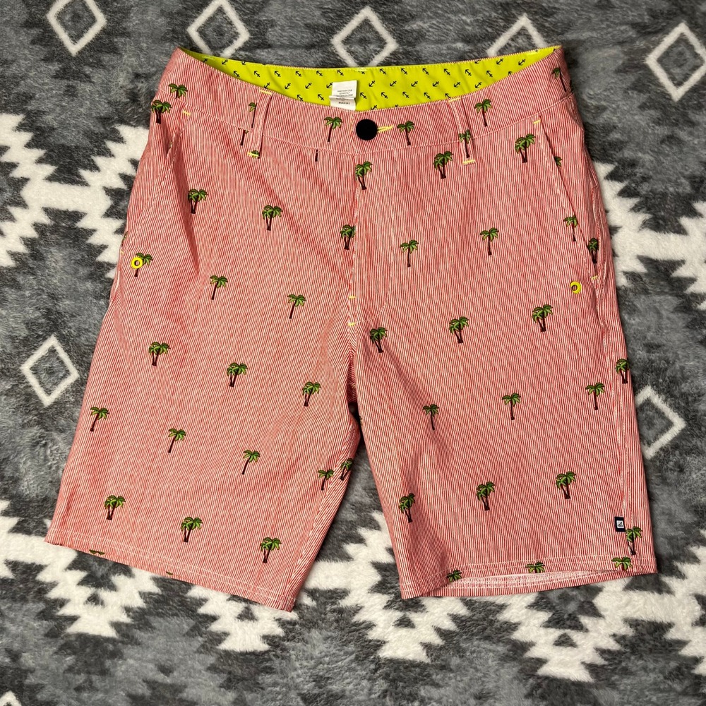 Sperry Top-Sider Mens 30 Red White Striped Palm Tree Embroidered Hybrid Shorts